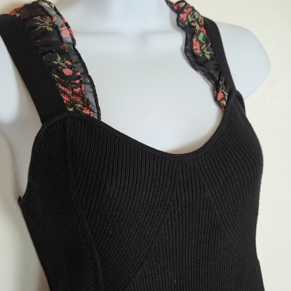 Maeve Anthropologie Black Ribbed Knit Tank Top Floral Chiffon Ruffle Strap Large